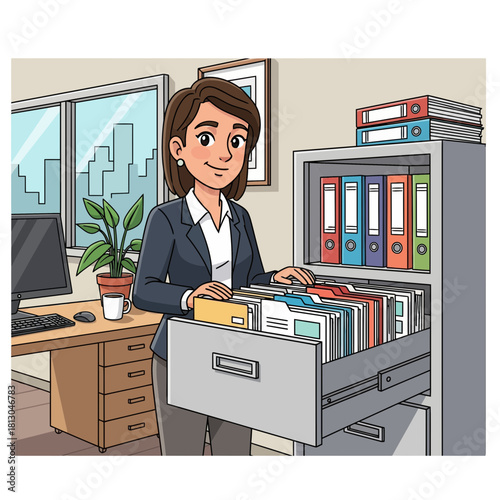 Professional businesswoman organizing files in modern office, illustrating efficiency and organization, perfect for corporate training materials, HR resources, and business presentations