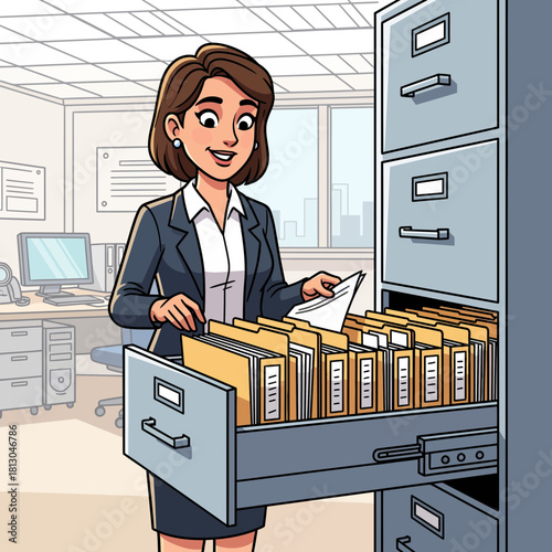 Efficient businesswoman organizing paperwork in a modern office, professionally filing documents and managing archives, ensuring compliance and operational excellence at work
