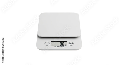 A modern white digital kitchen scale with an LCD screen showing zero grams, ready for precise food measurement for cooking, baking, or following a diet, seen from above