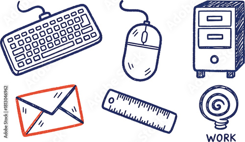 A collection of hand-drawn office supplies including a keyboard, mouse, and envelope in a sketchy doodle style.