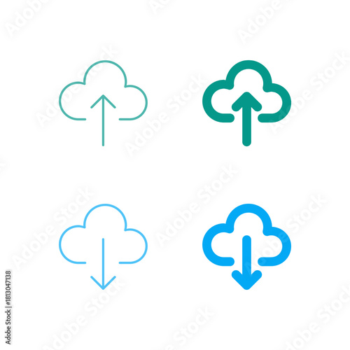 Flat Colored Cloud Upload and Cloud Download Icon Set in Outline and Solid Style for Data Transfer and Online Storage