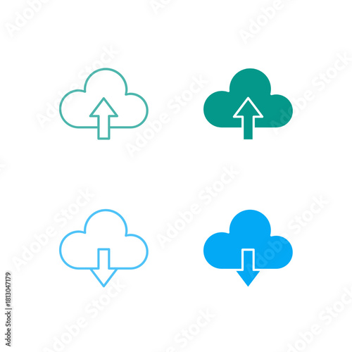 Flat Colored Cloud Upload and Cloud Download Icon Set in Outline and Solid Style for Data Transfer and Online Storage