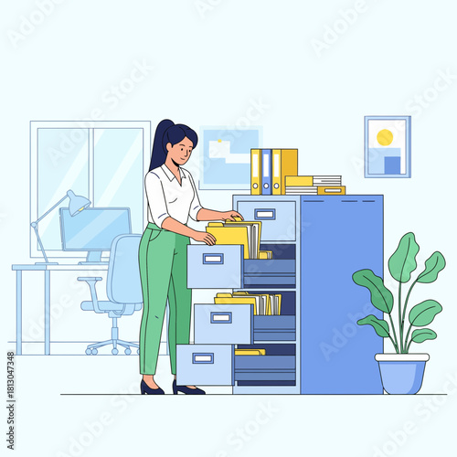 Organized businesswoman filing paperwork in modern office, professional administrative tasks, office management, efficiency, and productivity, sleek design, originally vector graphics