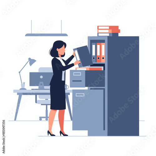 Professional businesswoman organizes office files in sleek modern space, showing efficiency and attention to detail, ideal for corporate branding and administrative roles