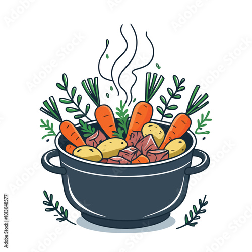 a winter stew pot filled with carrots, potatoes, beef chunks, herbs, and steam rising upward