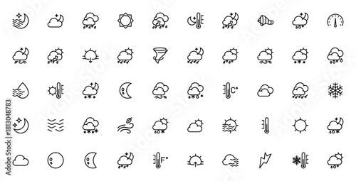 Weather icon set. Minimal vector icons pack. Include symbols for sun, rain, snw, storm, wind, temperatur, fog, cloud, moon, lightnng and more. Editable stroe.