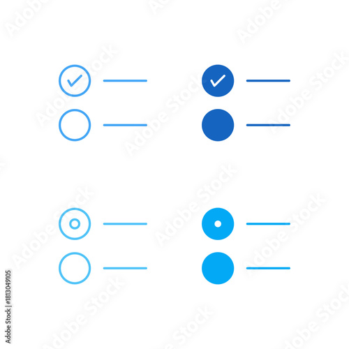 Flat Colored Checkbox and Radio Button Icon Set in Outline and Solid Style for Form Input and Selection Control