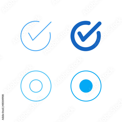 Flat Colored Checkbox and Radio Button Icon Set in Outline and Solid Style for Form Input and Selection Control