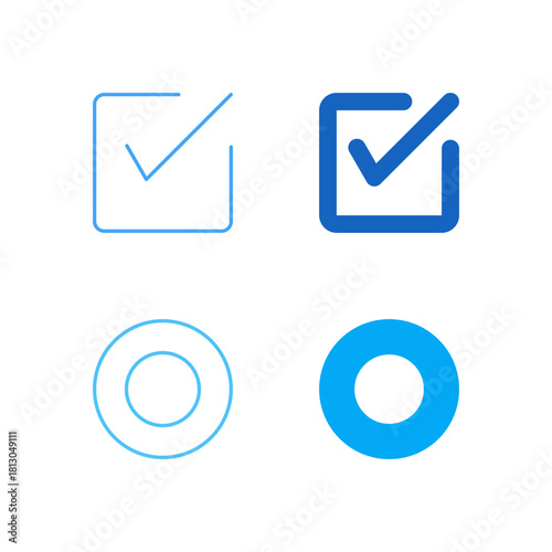Flat Colored Checkbox and Radio Button Icon Set in Outline and Solid Style for Form Input and Selection Control