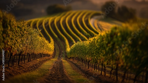 fiano. Curved grape vines on an Italian hillside during sunset, warm golden light. inspiring travel planning, gardening catalogs, designed for gardening and botanical catalogs, used by architects.
