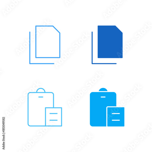 Flat Colored Copy and Paste Icon Set in Outline and Solid Style for Data Replication and Clipboard Control