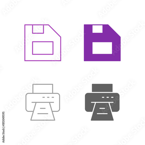 Flat Colored Save and Print Icon Set in Outline and Solid Style for File Management and Hard Copy Output