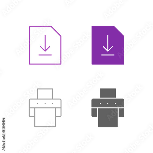 Flat Colored Save and Print Icon Set in Outline and Solid Style for File Management and Hard Copy Output