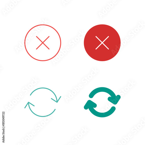 Flat Colored Close and Refresh Icon Set in Outline and Solid Style for Interface and Status Control