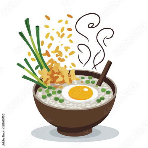 a warm rice porridge bowl with scallions, egg, crispy toppings