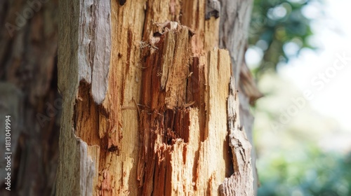 custodianship. Close-up of tree trunk with abnormal swelling and torn bark, textured botanical imperfection. gardening catalogs, home-decor guides, designed for gardening and botanical catalogs.
