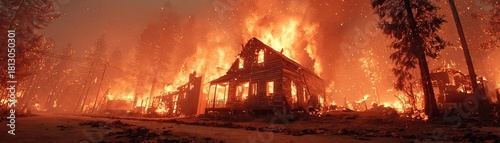 Residential houses consumed by intense wildfire concept. A house engulfed in flames surrounded by burning trees and smoke.