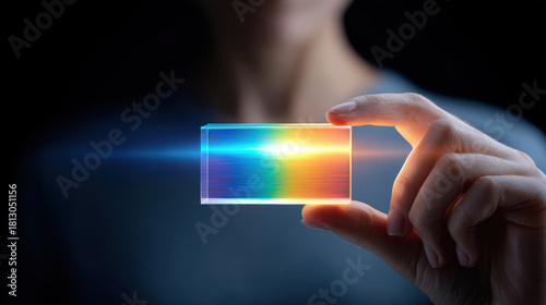 Hand holding rectangular prism refracting light into vibrant spectrum of colors, creating visually striking and colorful effect