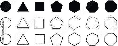 Basic Geometric Shapes Collection Circle, Square, Triangle, Polygon Outlines and Solid Fill Elements.