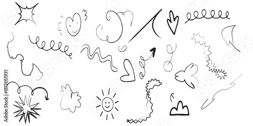 Whimsical Hand-Drawn Doodle Elements Set: Playful Lines, Hearts, Suns, Arrows, Spirals and Icons for Dynamic and Creative Designs.