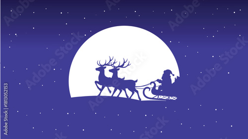 Santa Claus and his reindeer flying across a starry night sky with a full moon.