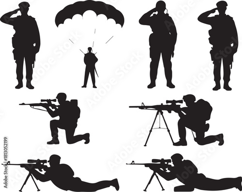 Military soldiers in action silhouettes for design