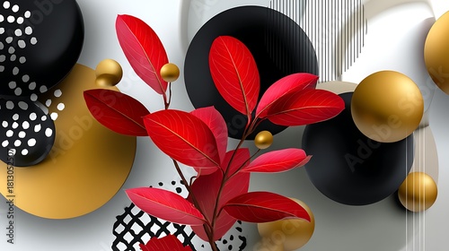 Abstract Composition with Red Leaves, Geometric Shapes, and Modern Artistic Elements