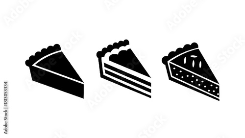 Vector illustration of set of three black and white icons representing different slices of pie isolated on transparent background