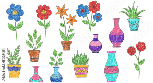 hand drawn flowers potted plants and colorful vases in a cheerful doodle style for childrens craft projects.