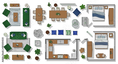 modern household furniture and room layouts in top view ideal for interior design and architectural planning.