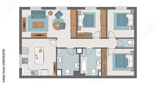 modern three bedroom apartment floor plan with complete furniture layout illustrating efficient space utilization for architectural planning
