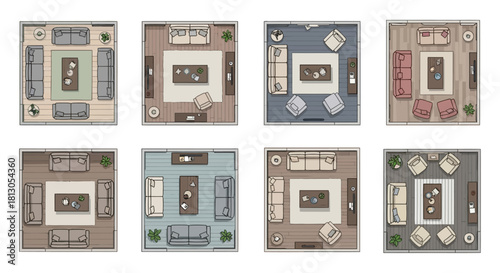 multiple floor plans top view living rooms diverse furniture arrangements modern interior design space planning home layout.