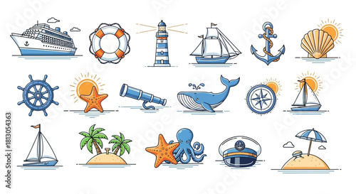 nautical and summer vacation icons featuring marine and beach elements in a clean line art style perfect for web design or travel branding.