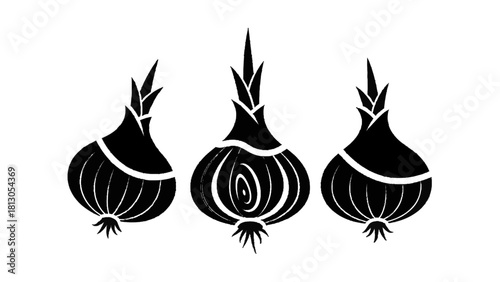 Vector illustration of black and white graphic illustration of three onions, one sliced to show layers, isolated on transparent background 