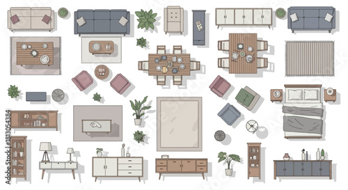 overhead view furniture collection for modern interior design layouts architectural floor plans and home staging visualization projects.