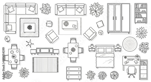 plan view furniture and decor outlines in line art for architectural floor plans interior design and residential layout.