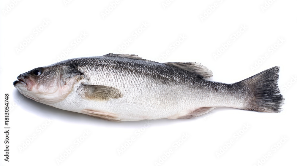 Fototapeta premium seabass. A fresh sea bass fish with detailed scales, isolated on a clean white background. wildlife magazines, conservation campaigns, designed for wildlife conservation campaigns.