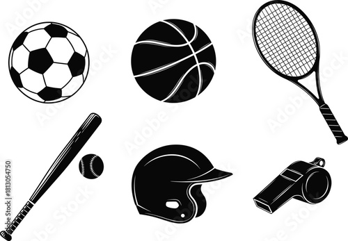 Sports equipment vector illustration set with soccer ball, basketball, baseball bat, tennis racket, helmet, and whistle design elements