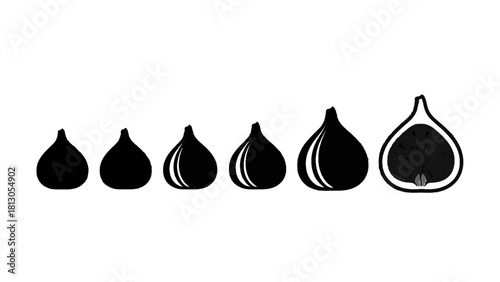 Vector illustration of set of six fig icons showing growth stages from whole fruit to cross section isolated on transparent background