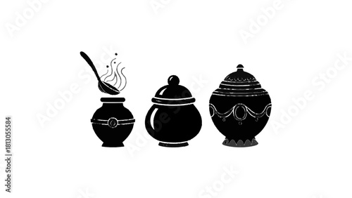 Vector illustration of black silhouette of three traditional indian sugar pots or containers with a spoon sprinkling sugar isolated on transparent background 