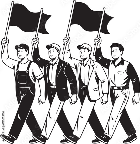 Men marching together holding black flags high