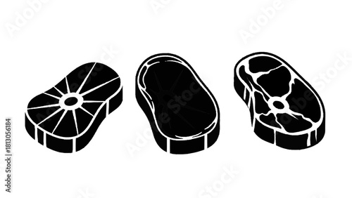 Vector illustration of three black and white icons representing different cuts of raw steak isolated on transparent background 