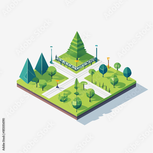 Isometric illustration of a landscaped park with trees and walking paths
