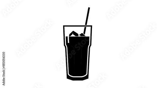 Vector illustration of black and white icon graphic of a tall glass filled with ice cubes and a straw, isolated on transparent background 