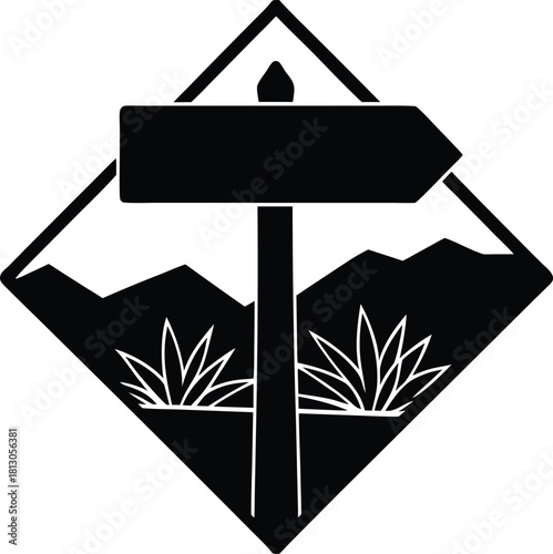 Outback trail marker design with directional arrow and landscape elements