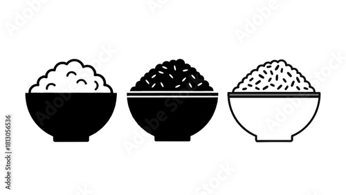Vector illustration of set of three rice bowl icons showing different types of cooked rice grain isolated on transparent background 
