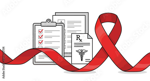 HIV Awareness: Red Ribbon Medical Forms and Prescription Symbol.