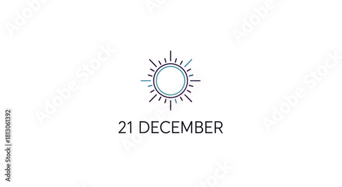 Minimalist sun icon and date 21 December text graphic.