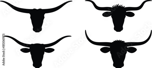 Stylized cattle head silhouettes with diverse horn shapes and ear details for farm branding, livestock design, western art, and rural themes.