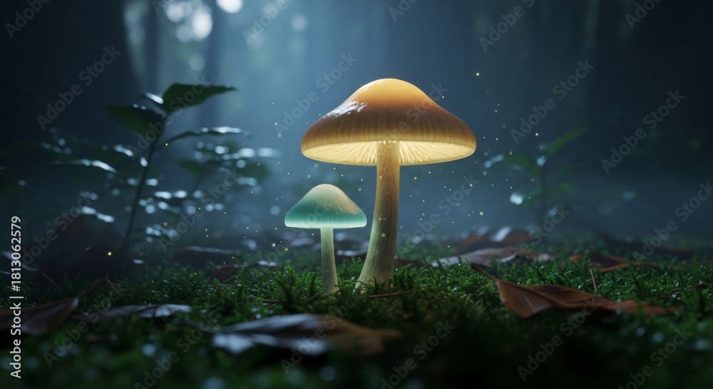 Fototapeta premium Two glowing mushrooms in a mystical forest